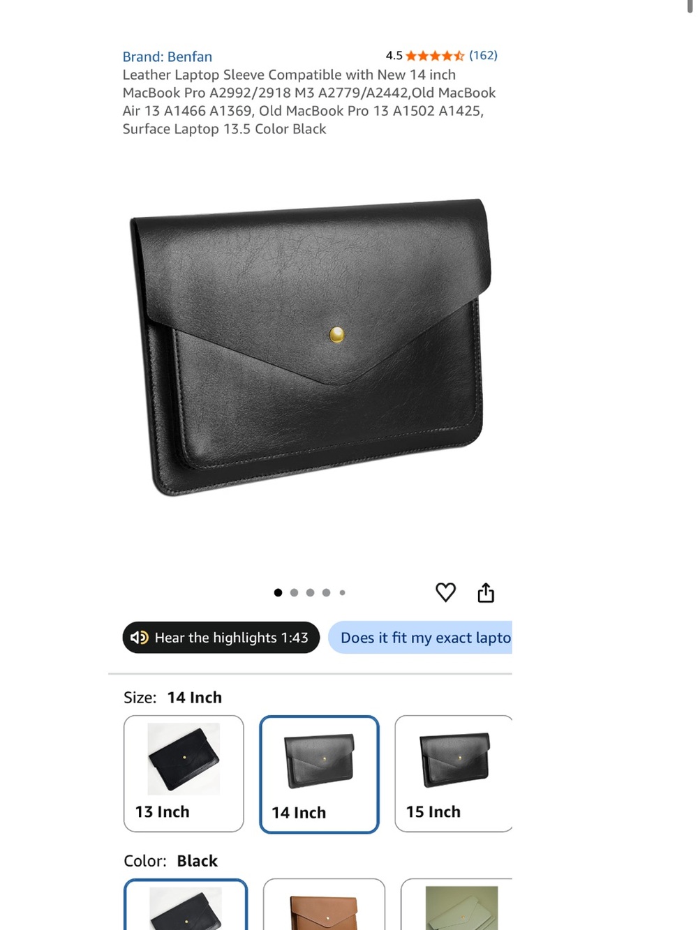 Black Leather Laptop Sleeve - 14 Inch